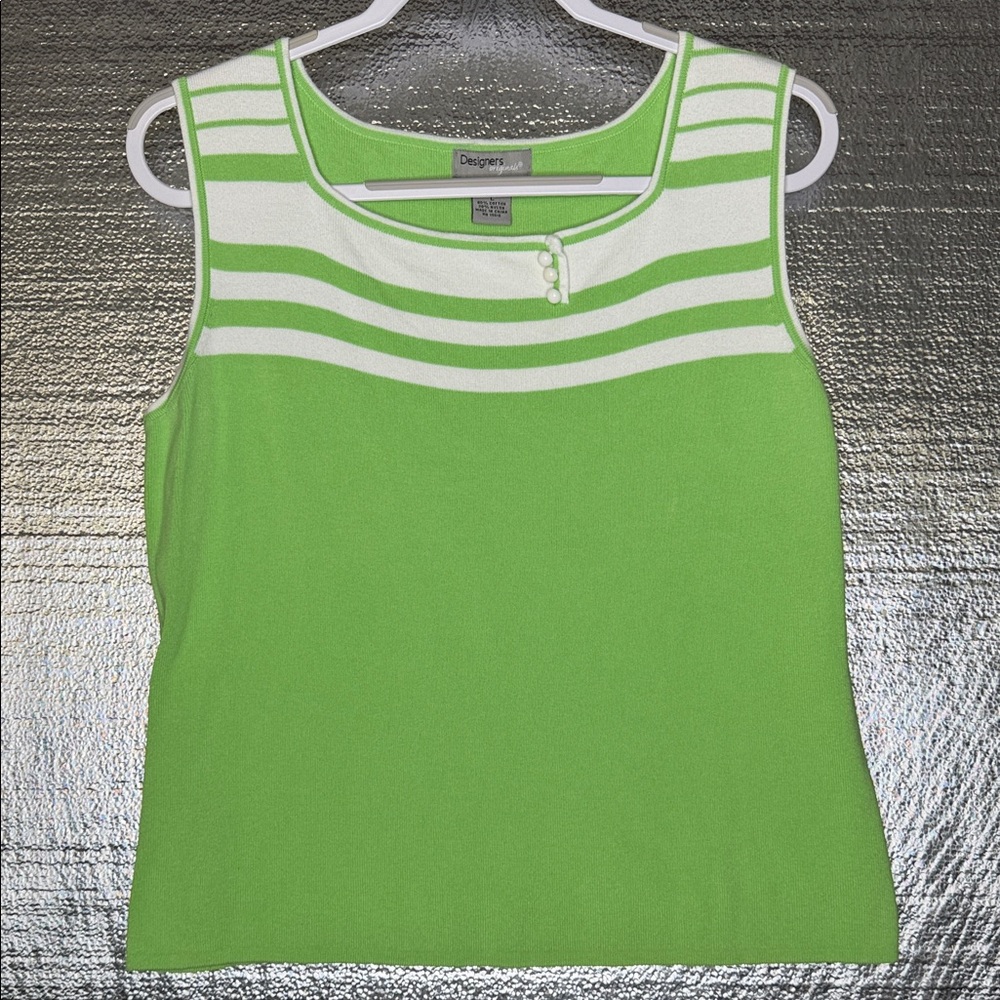Designers Originals Green and White Striped Tank Top with Button Details
